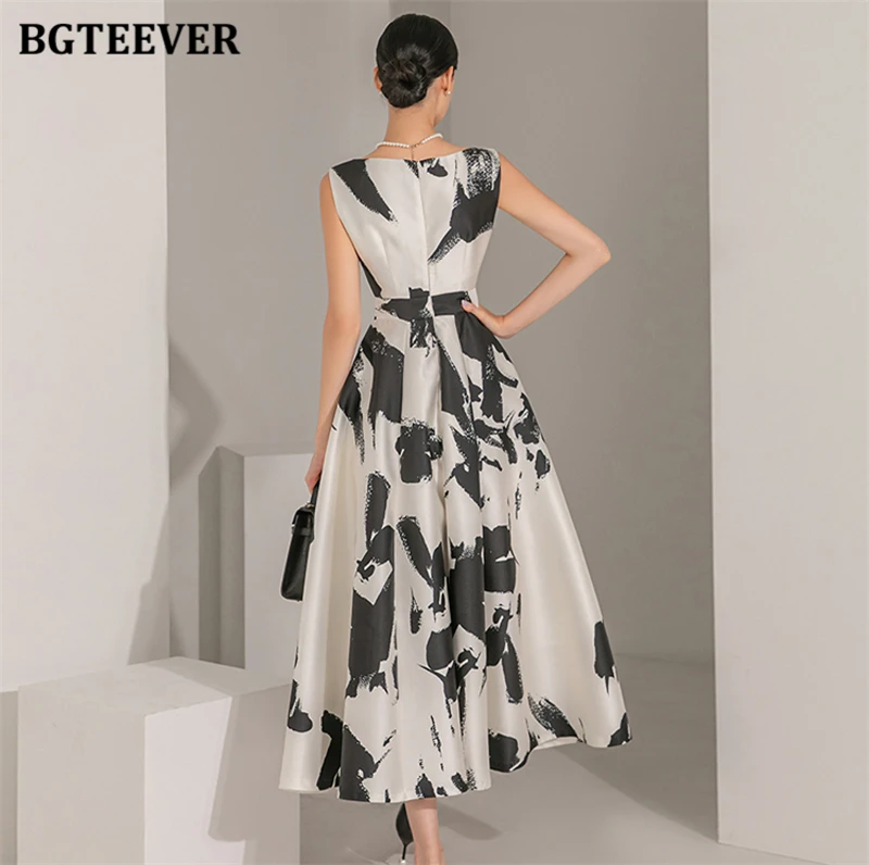 BGTEEVER Stylish Sleeveless Printed A-line Dress for Women Elegant Slim Waist O-neck Ladies Mid-Length Dress Summer Vestidos