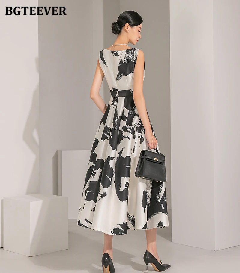 BGTEEVER Stylish Sleeveless Printed A-line Dress for Women Elegant Slim Waist O-neck Ladies Mid-Length Dress Summer Vestidos