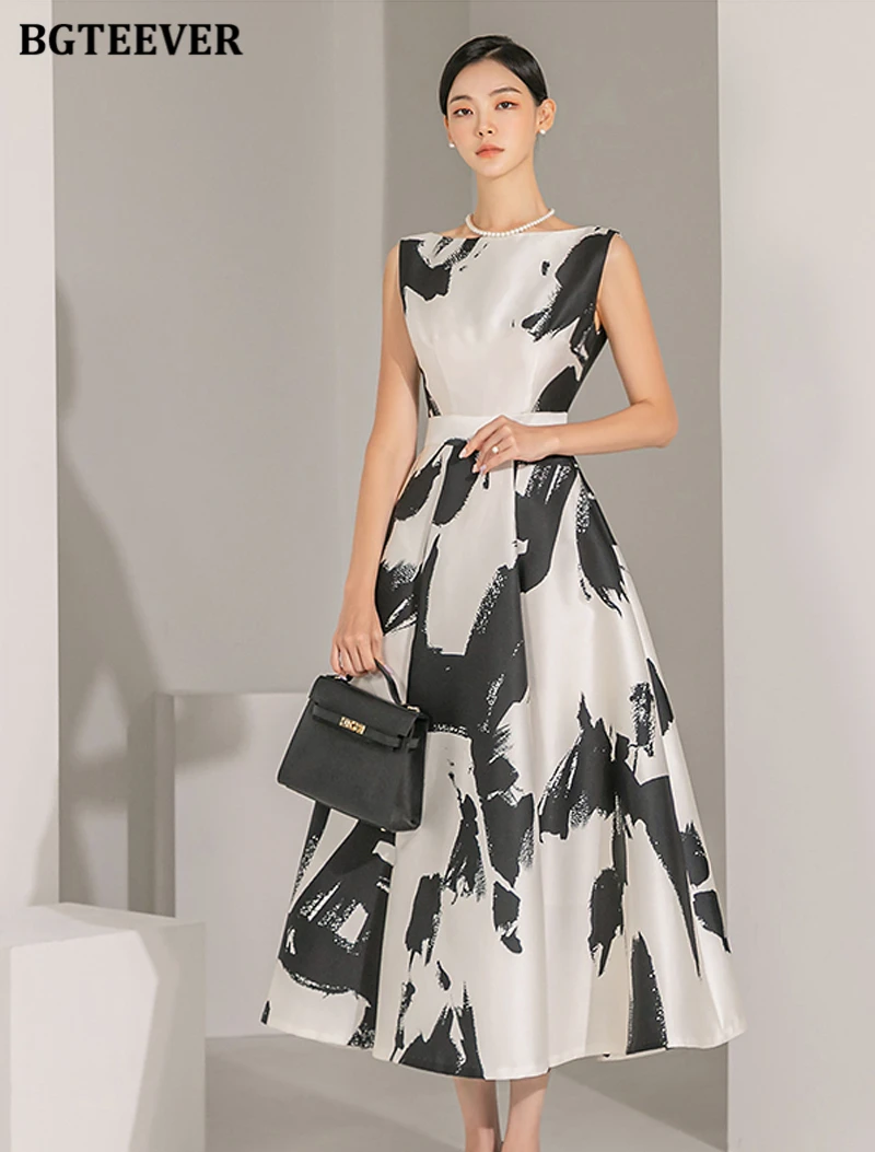BGTEEVER Stylish Sleeveless Printed A-line Dress for Women Elegant Slim Waist O-neck Ladies Mid-Length Dress Summer Vestidos