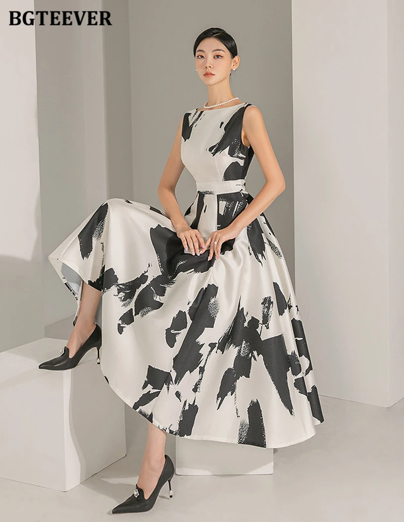 BGTEEVER Stylish Sleeveless Printed A-line Dress for Women Elegant Slim Waist O-neck Ladies Mid-Length Dress Summer Vestidos