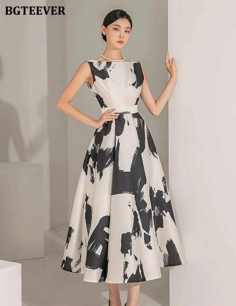 BGTEEVER Stylish Sleeveless Printed A-line Dress for Women Elegant Slim Waist O-neck Ladies Mid-Length Dress Summer Vestidos