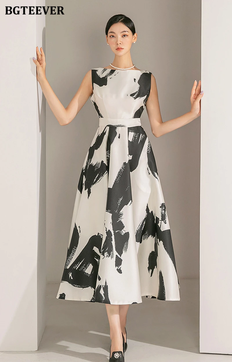 BGTEEVER Stylish Sleeveless Printed A-line Dress for Women Elegant Slim Waist O-neck Ladies Mid-Length Dress Summer Vestidos