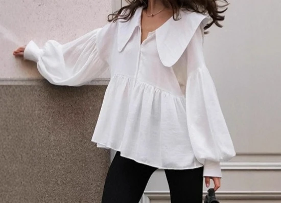 2025 Autumn Style Loose Wrinkle Top Commuter White Doll Collar Lantern Sleeve Shirt Women's Medium To Long