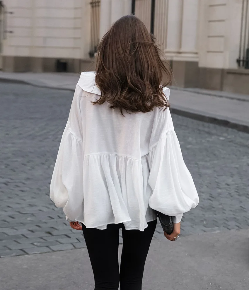 2025 Autumn Style Loose Wrinkle Top Commuter White Doll Collar Lantern Sleeve Shirt Women's Medium To Long