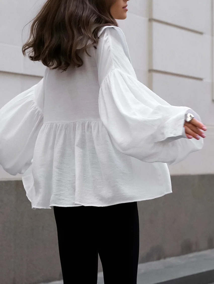 2025 Autumn Style Loose Wrinkle Top Commuter White Doll Collar Lantern Sleeve Shirt Women's Medium To Long