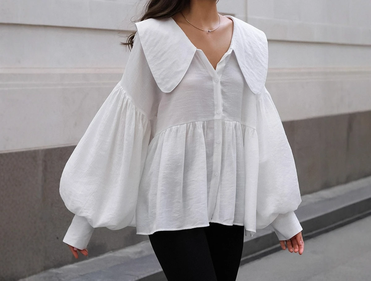 2025 Autumn Style Loose Wrinkle Top Commuter White Doll Collar Lantern Sleeve Shirt Women's Medium To Long