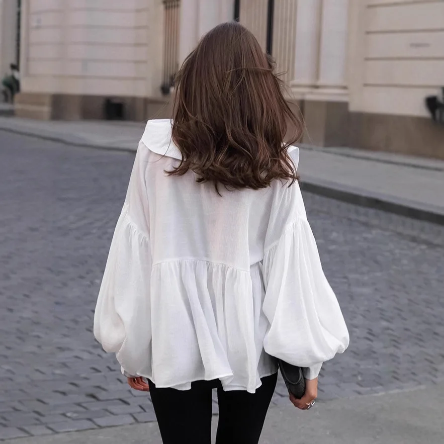 2025 Autumn Style Loose Wrinkle Top Commuter White Doll Collar Lantern Sleeve Shirt Women's Medium To Long