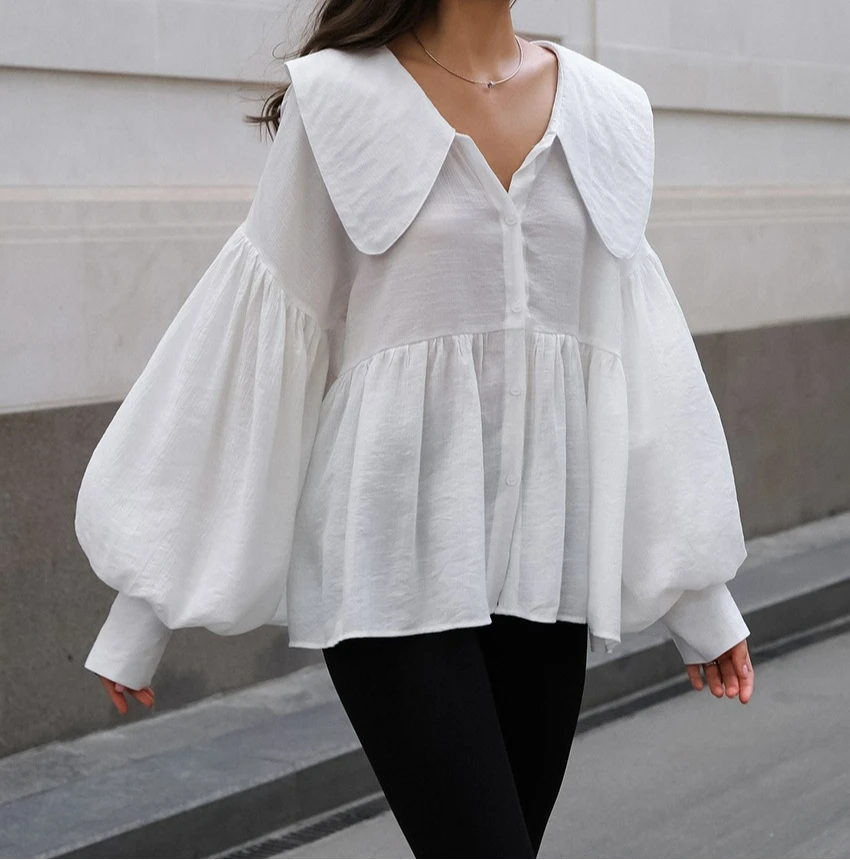 2025 Autumn Style Loose Wrinkle Top Commuter White Doll Collar Lantern Sleeve Shirt Women's Medium To Long