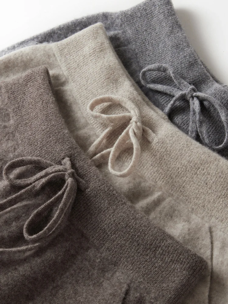 Women's Pencil Pants 100% Merino Wool Pants Autumn Winter Knit Pants Warm Cashmere Trousers Elastic Lace-up Casual Jogger Pants