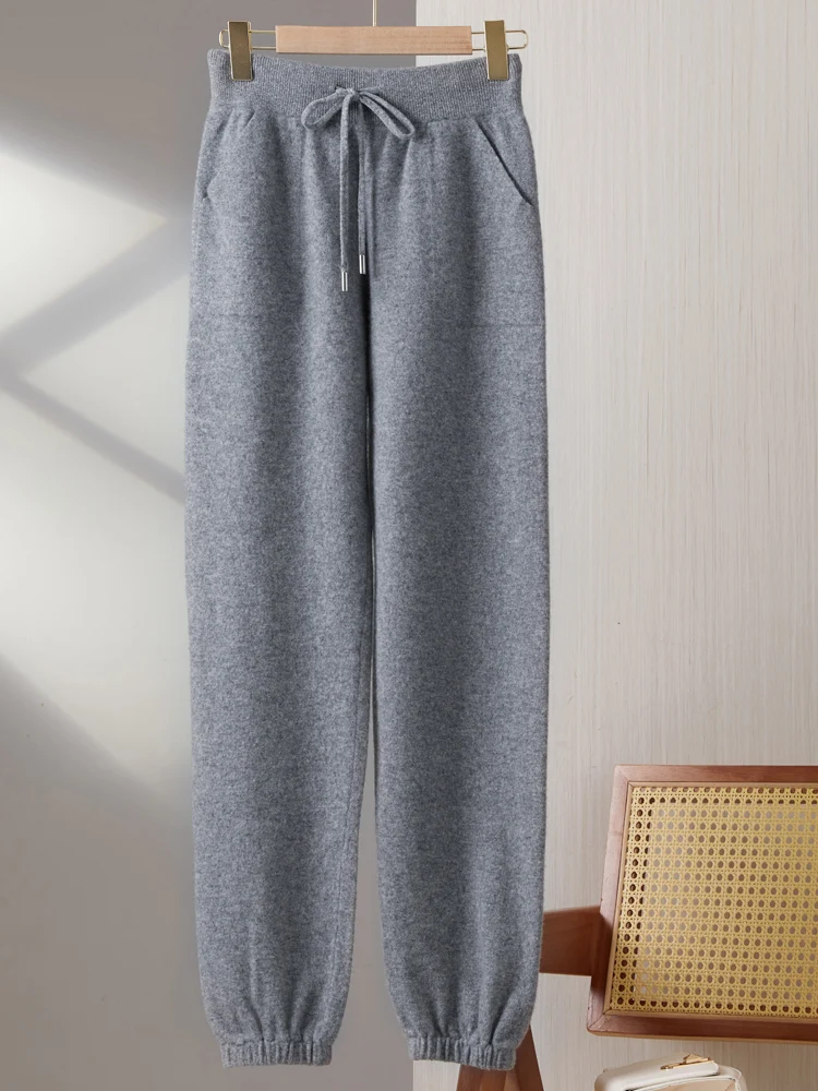 Women's Pencil Pants 100% Merino Wool Pants Autumn Winter Knit Pants Warm Cashmere Trousers Elastic Lace-up Casual Jogger Pants
