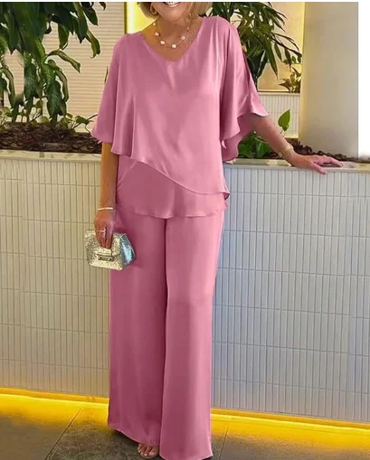 2025 Summer New Fashion Casual Irregular Suit Solid Color T Shirt Loose Wide Legs Trousers Two Piece Set Pants Sets Bat Sleeve