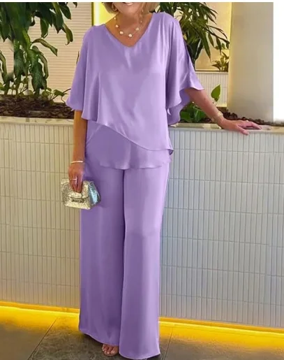 2025 Summer New Fashion Casual Irregular Suit Solid Color T Shirt Loose Wide Legs Trousers Two Piece Set Pants Sets Bat Sleeve