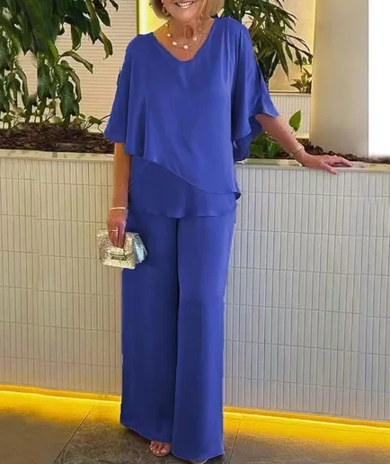 2025 Summer New Fashion Casual Irregular Suit Solid Color T Shirt Loose Wide Legs Trousers Two Piece Set Pants Sets Bat Sleeve