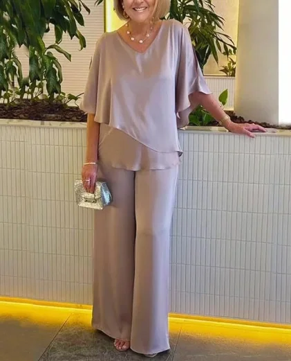 2025 Summer New Fashion Casual Irregular Suit Solid Color T Shirt Loose Wide Legs Trousers Two Piece Set Pants Sets Bat Sleeve