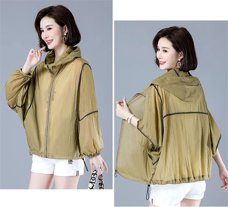 White Hooded Jacket Sunscreen Women's 2025 New Outwear Loose Long-Sleeved Summer Thin Cardigan Female Top Anti-UV Coat Khaki