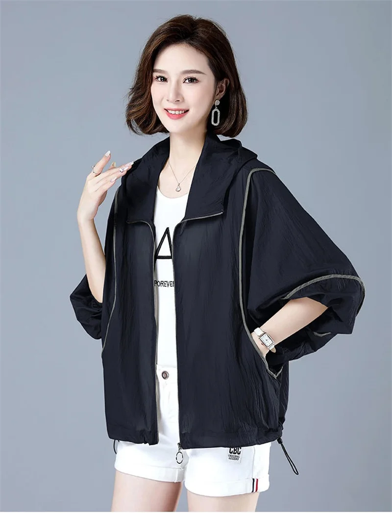 White Hooded Jacket Sunscreen Women's 2025 New Outwear Loose Long-Sleeved Summer Thin Cardigan Female Top Anti-UV Coat Khaki
