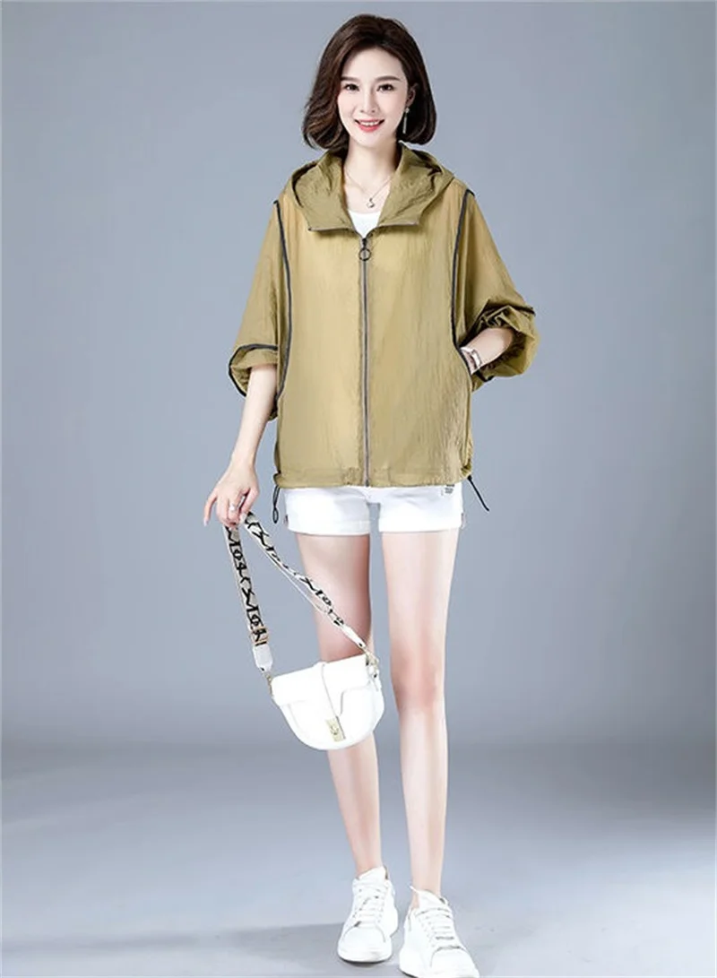 White Hooded Jacket Sunscreen Women's 2025 New Outwear Loose Long-Sleeved Summer Thin Cardigan Female Top Anti-UV Coat Khaki