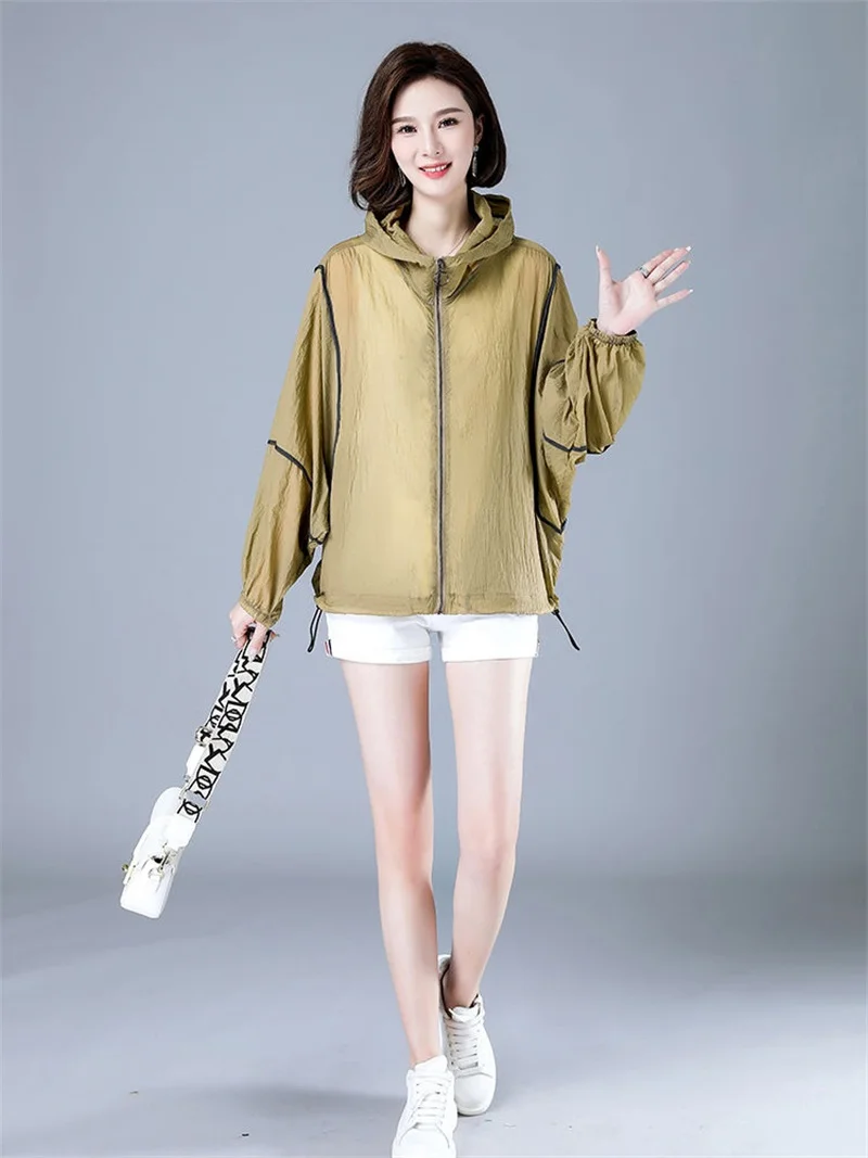 White Hooded Jacket Sunscreen Women's 2025 New Outwear Loose Long-Sleeved Summer Thin Cardigan Female Top Anti-UV Coat Khaki