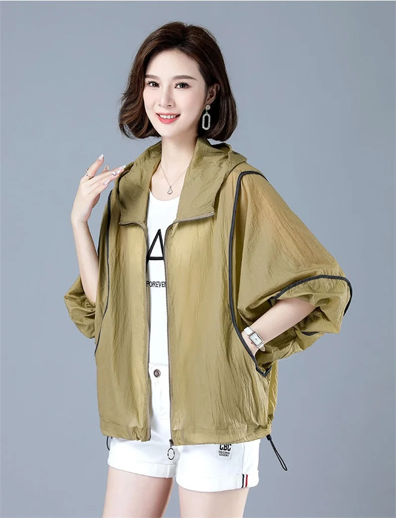 White Hooded Jacket Sunscreen Women's 2025 New Outwear Loose Long-Sleeved Summer Thin Cardigan Female Top Anti-UV Coat Khaki