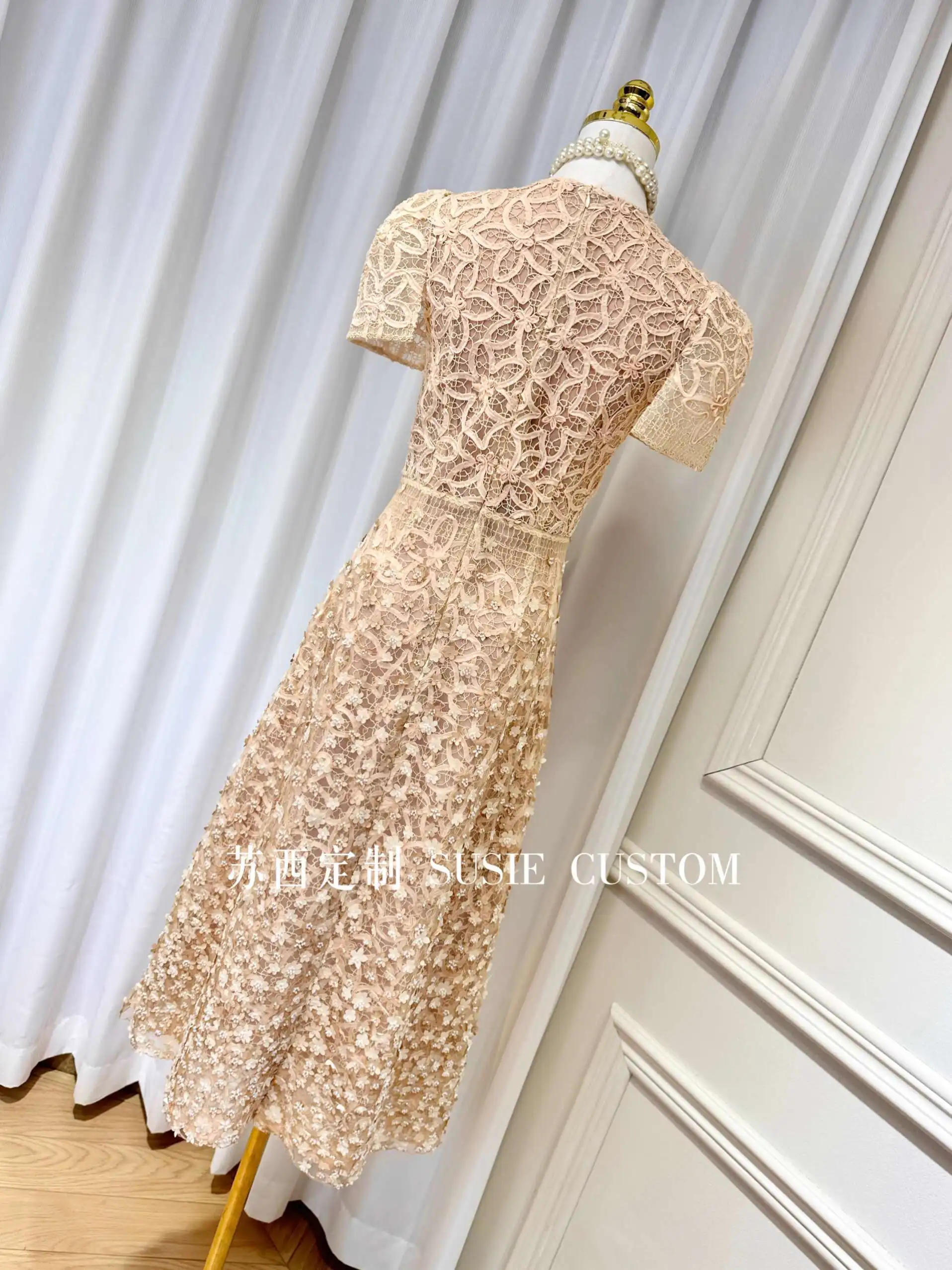 QMQA Fashion Women's Elegant Dress Three-dimensional Flower High Waist Short Sleeve Slimming Dresses 2025 Female New QM359