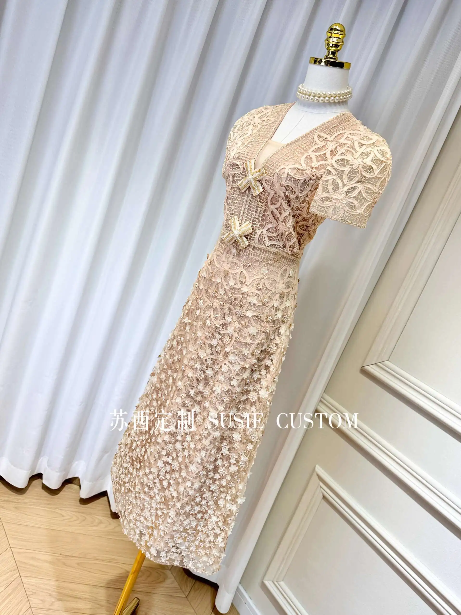 QMQA Fashion Women's Elegant Dress Three-dimensional Flower High Waist Short Sleeve Slimming Dresses 2025 Female New QM359