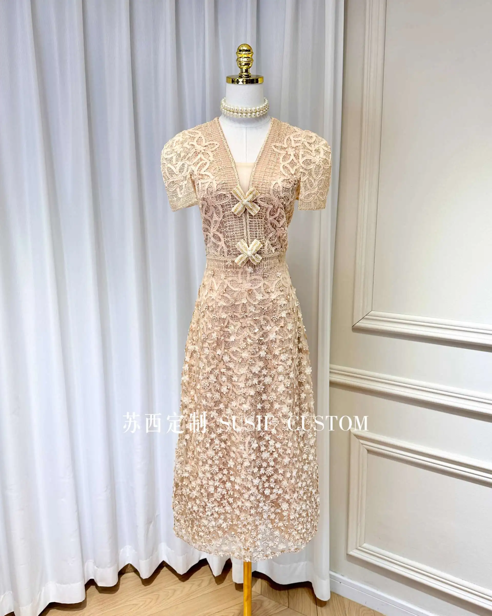QMQA Fashion Women's Elegant Dress Three-dimensional Flower High Waist Short Sleeve Slimming Dresses 2025 Female New QM359