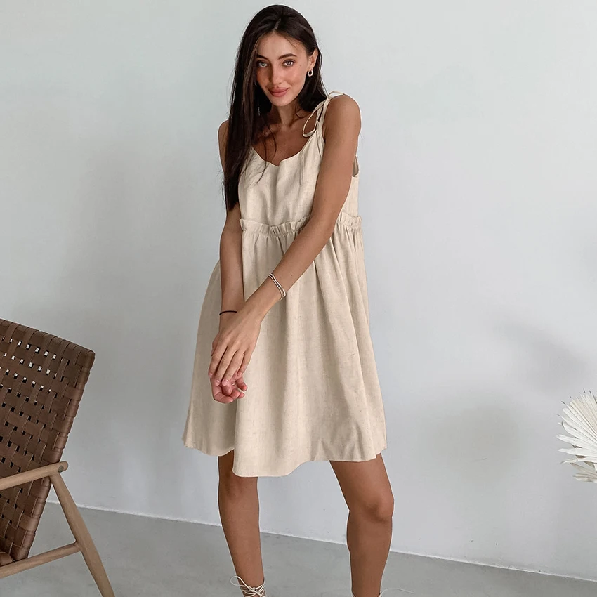 Linad Summer Brown Holiday Dress For Women 2025 Sexy Backless Loose A Line Dresses Cotton Linen Black Beach Dress Female 2025