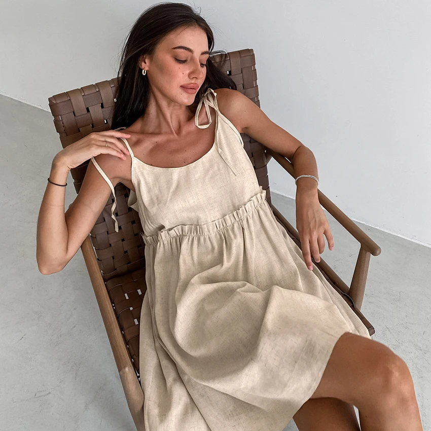 Linad Summer Brown Holiday Dress For Women 2025 Sexy Backless Loose A Line Dresses Cotton Linen Black Beach Dress Female 2025