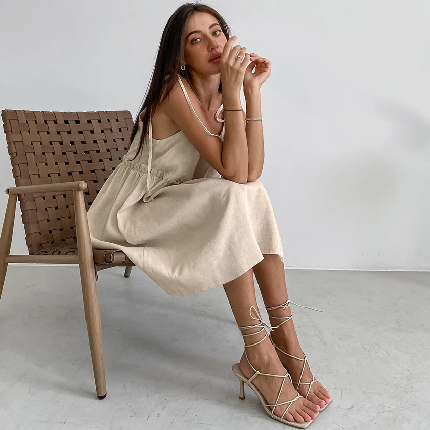 Linad Summer Brown Holiday Dress For Women 2025 Sexy Backless Loose A Line Dresses Cotton Linen Black Beach Dress Female 2025
