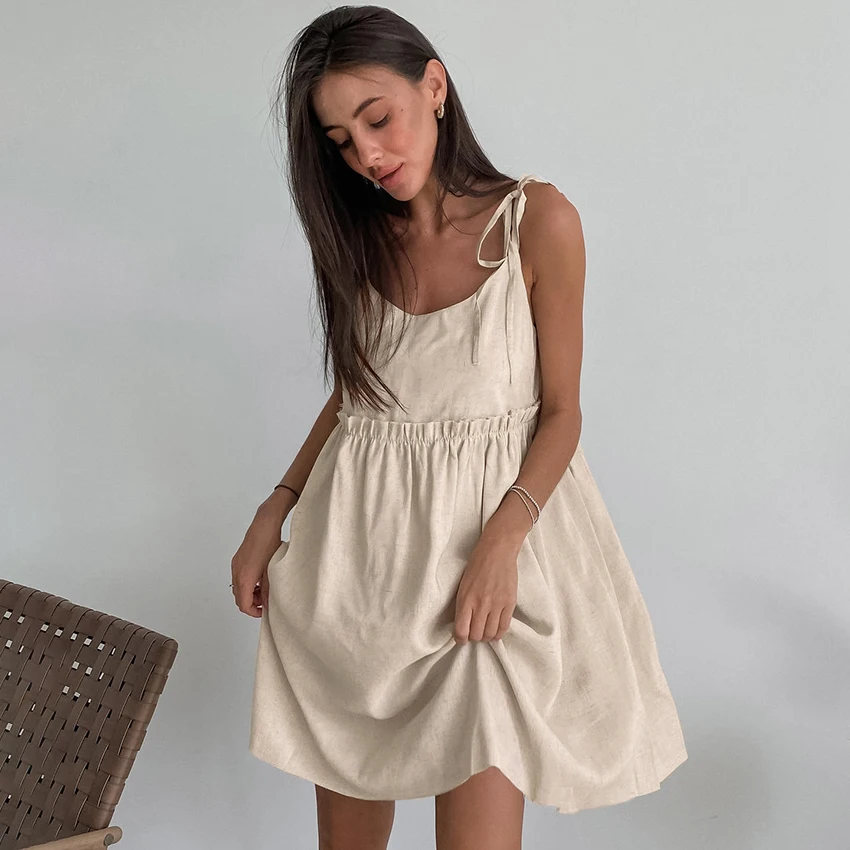 Linad Summer Brown Holiday Dress For Women 2025 Sexy Backless Loose A Line Dresses Cotton Linen Black Beach Dress Female 2025