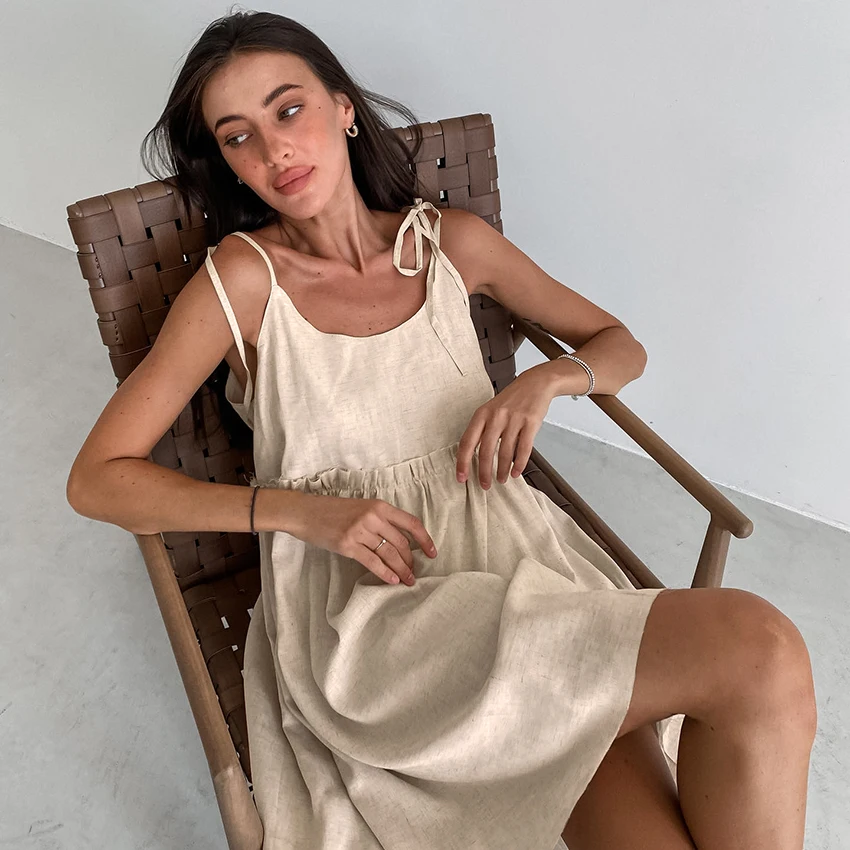 Linad Summer Brown Holiday Dress For Women 2025 Sexy Backless Loose A Line Dresses Cotton Linen Black Beach Dress Female 2025