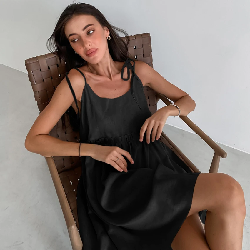 Linad Summer Brown Holiday Dress For Women 2025 Sexy Backless Loose A Line Dresses Cotton Linen Black Beach Dress Female 2025
