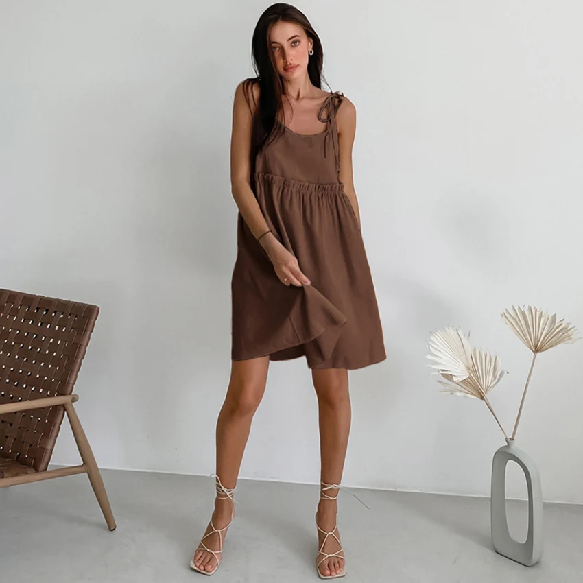 Linad Summer Brown Holiday Dress For Women 2025 Sexy Backless Loose A Line Dresses Cotton Linen Black Beach Dress Female 2025