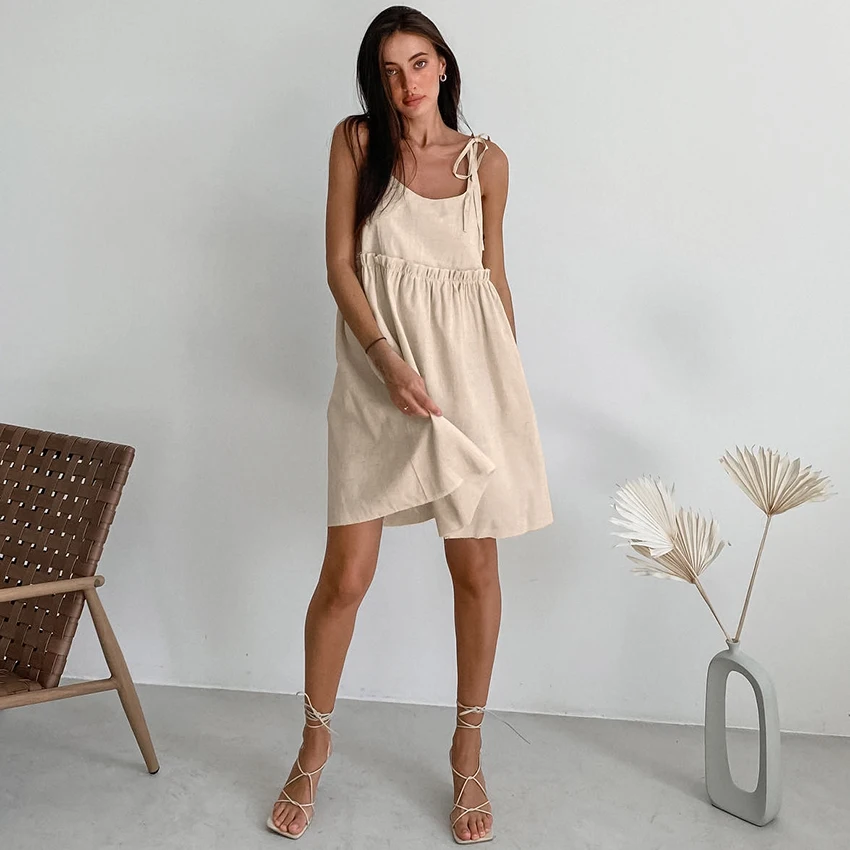 Linad Summer Brown Holiday Dress For Women 2025 Sexy Backless Loose A Line Dresses Cotton Linen Black Beach Dress Female 2025