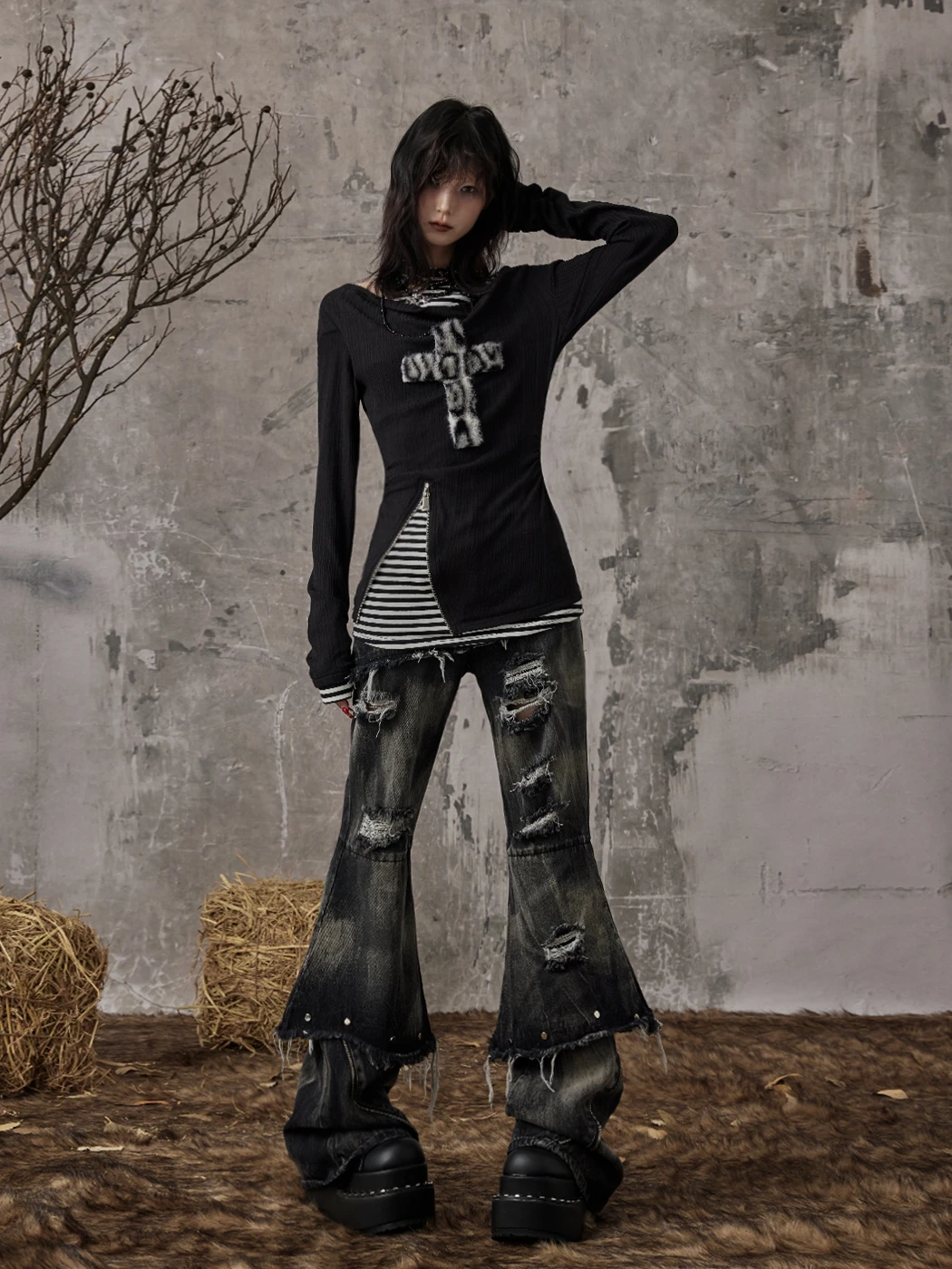 Karrcat Grunge Aesthetics Fake Two-piece Tops Trashy Y2k Long Sleeve Knitted Tops Wasteland Punk Patchwork Tops Gothic Vintage