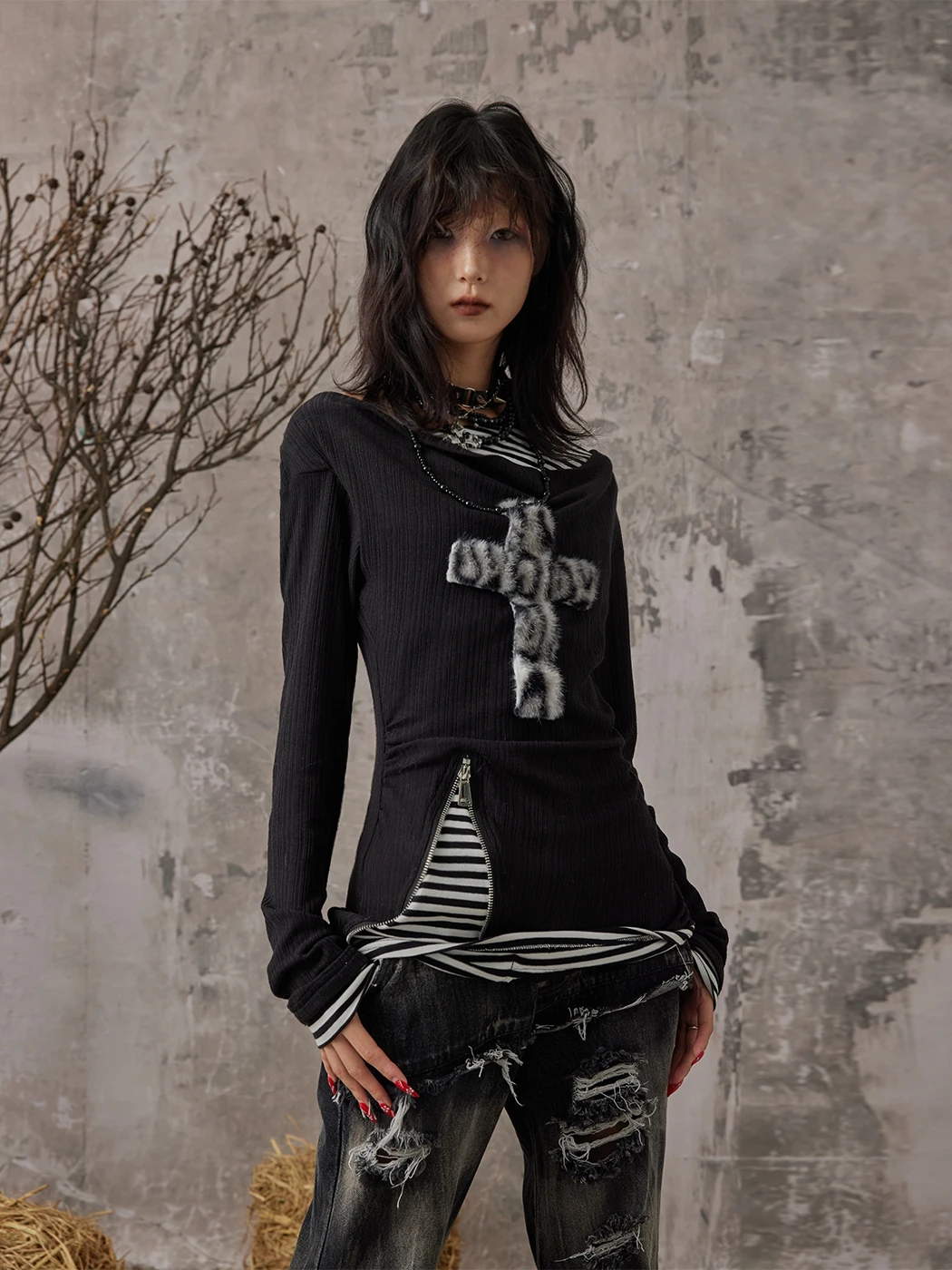 Karrcat Grunge Aesthetics Fake Two-piece Tops Trashy Y2k Long Sleeve Knitted Tops Wasteland Punk Patchwork Tops Gothic Vintage