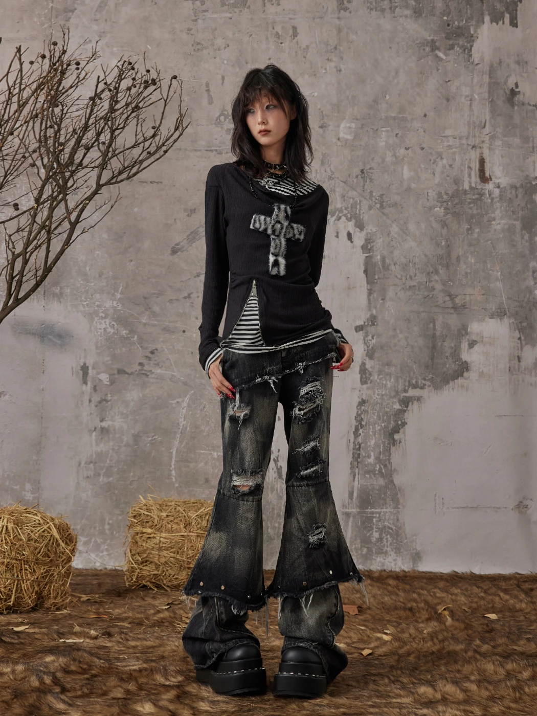 Karrcat Grunge Aesthetics Fake Two-piece Tops Trashy Y2k Long Sleeve Knitted Tops Wasteland Punk Patchwork Tops Gothic Vintage