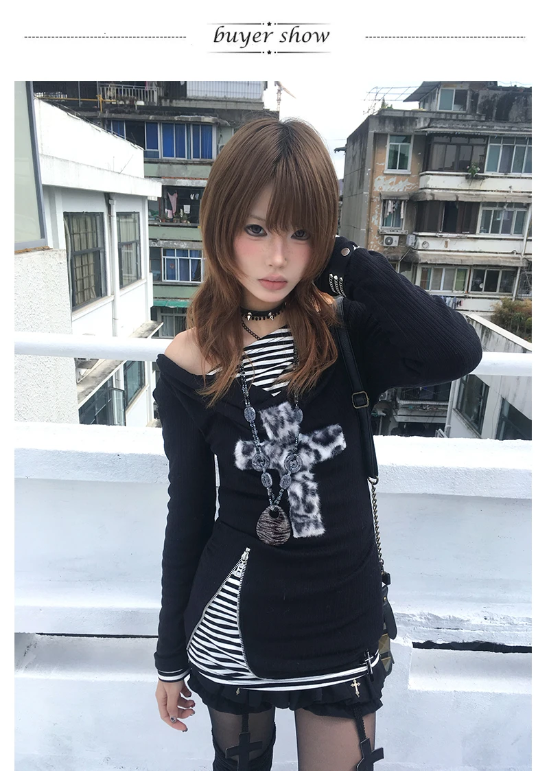 Karrcat Grunge Aesthetics Fake Two-piece Tops Trashy Y2k Long Sleeve Knitted Tops Wasteland Punk Patchwork Tops Gothic Vintage
