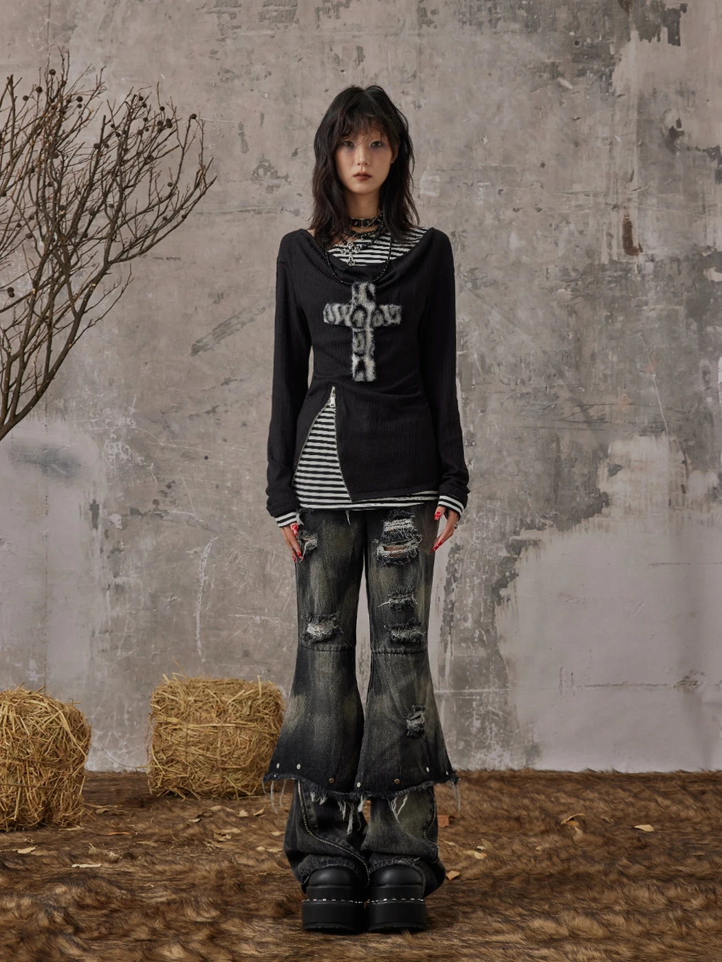 Karrcat Grunge Aesthetics Fake Two-piece Tops Trashy Y2k Long Sleeve Knitted Tops Wasteland Punk Patchwork Tops Gothic Vintage