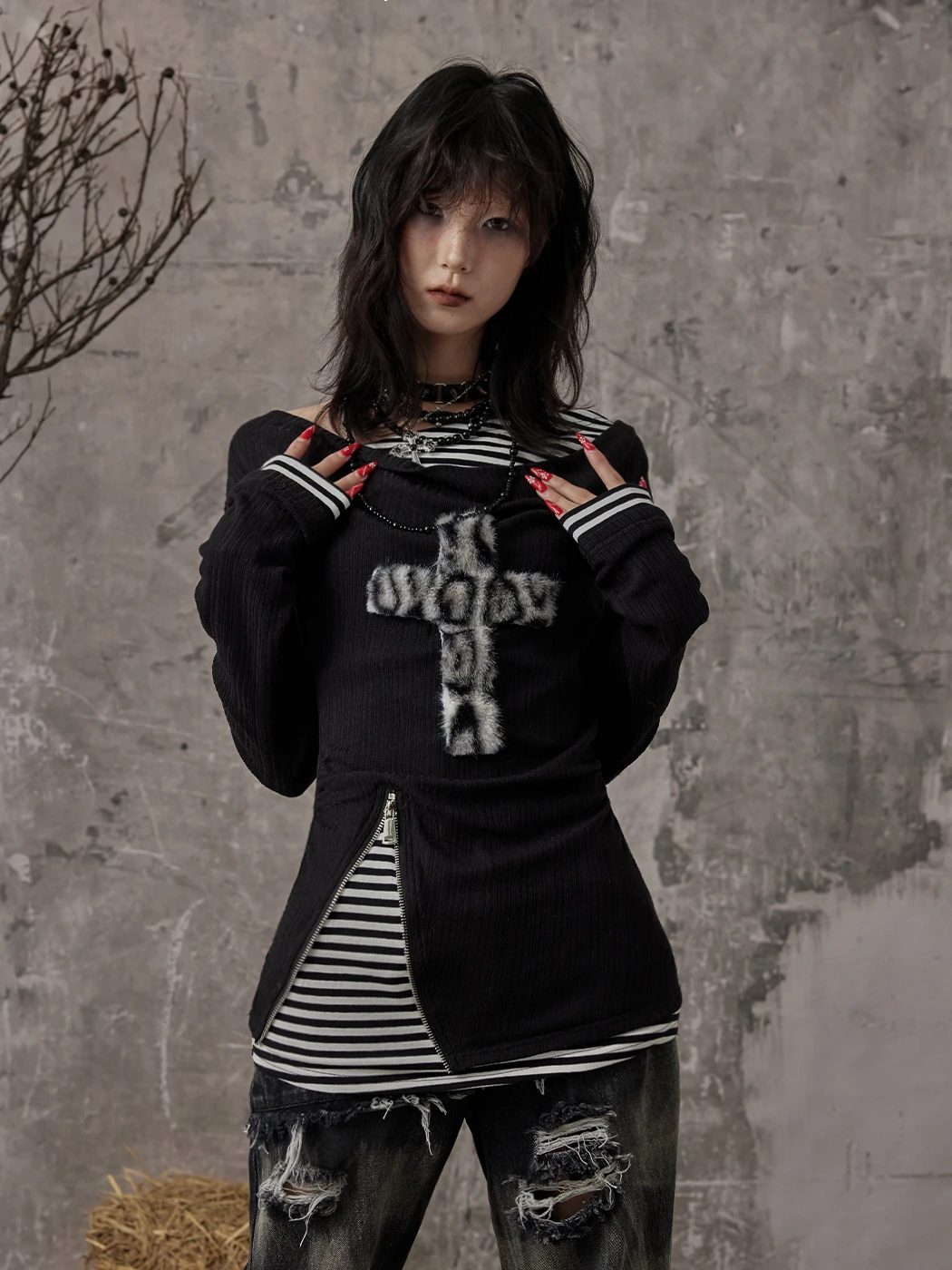 Karrcat Grunge Aesthetics Fake Two-piece Tops Trashy Y2k Long Sleeve Knitted Tops Wasteland Punk Patchwork Tops Gothic Vintage
