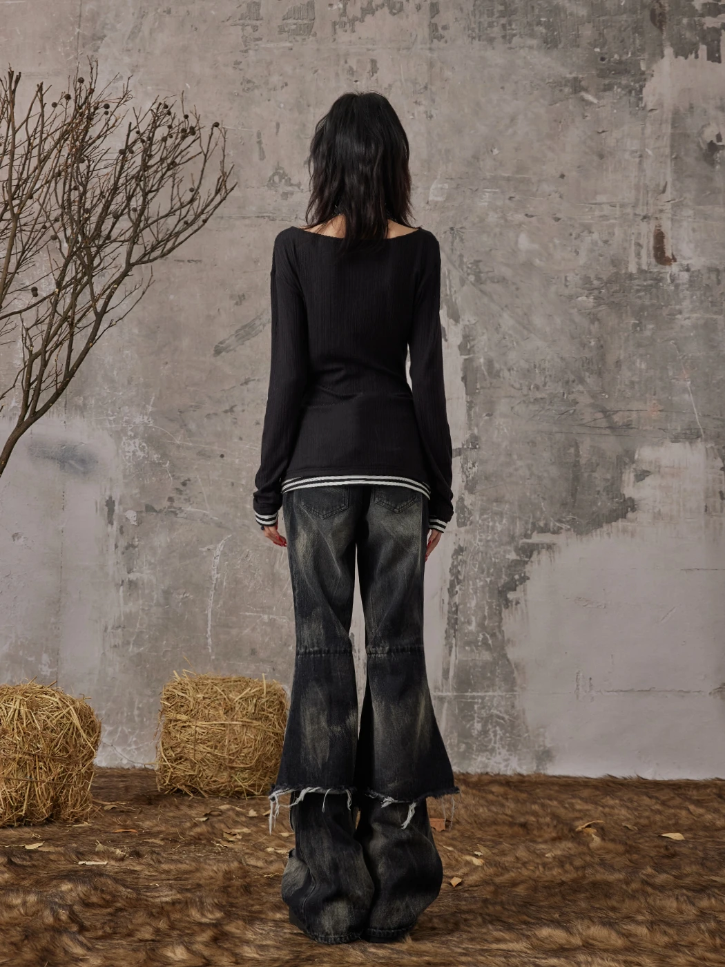 Karrcat Grunge Aesthetics Fake Two-piece Tops Trashy Y2k Long Sleeve Knitted Tops Wasteland Punk Patchwork Tops Gothic Vintage