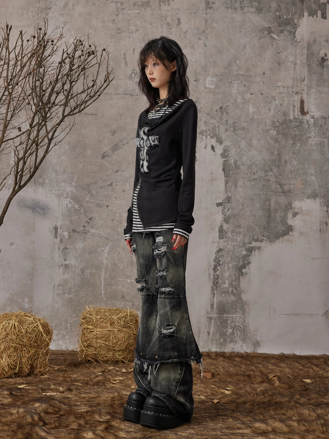 Karrcat Grunge Aesthetics Fake Two-piece Tops Trashy Y2k Long Sleeve Knitted Tops Wasteland Punk Patchwork Tops Gothic Vintage