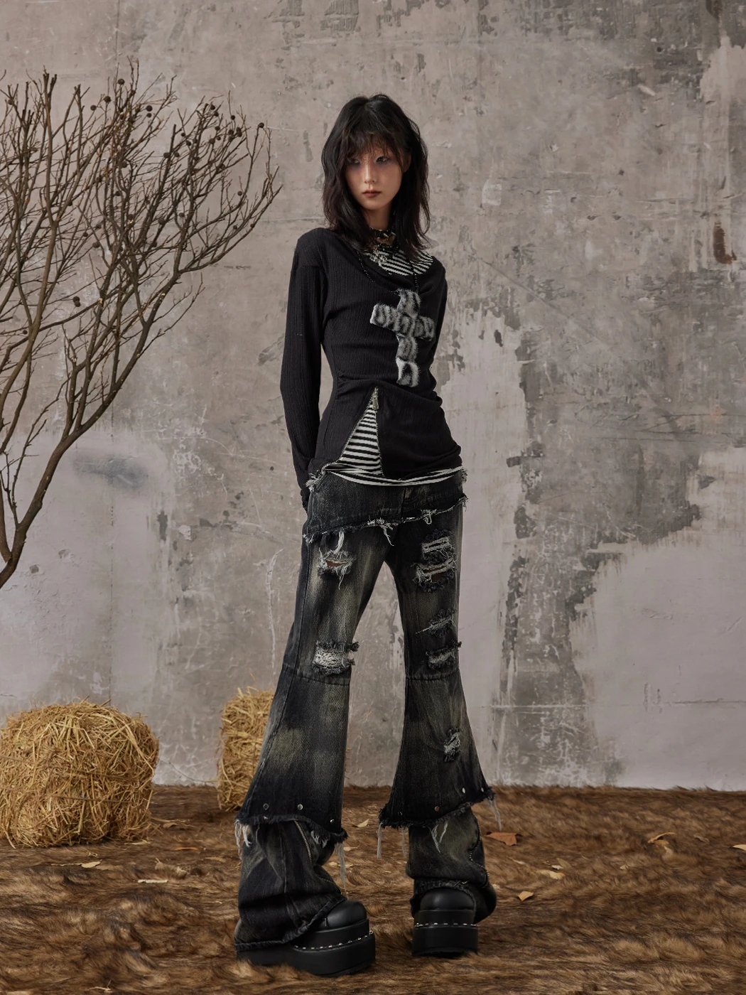 Karrcat Grunge Aesthetics Fake Two-piece Tops Trashy Y2k Long Sleeve Knitted Tops Wasteland Punk Patchwork Tops Gothic Vintage