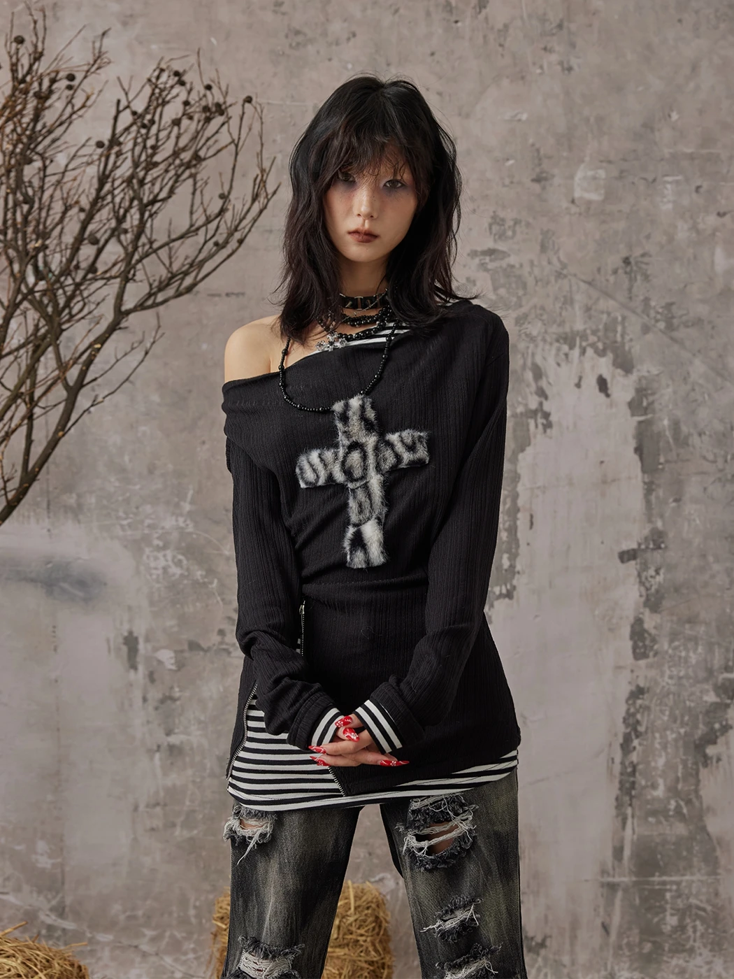 Karrcat Grunge Aesthetics Fake Two-piece Tops Trashy Y2k Long Sleeve Knitted Tops Wasteland Punk Patchwork Tops Gothic Vintage