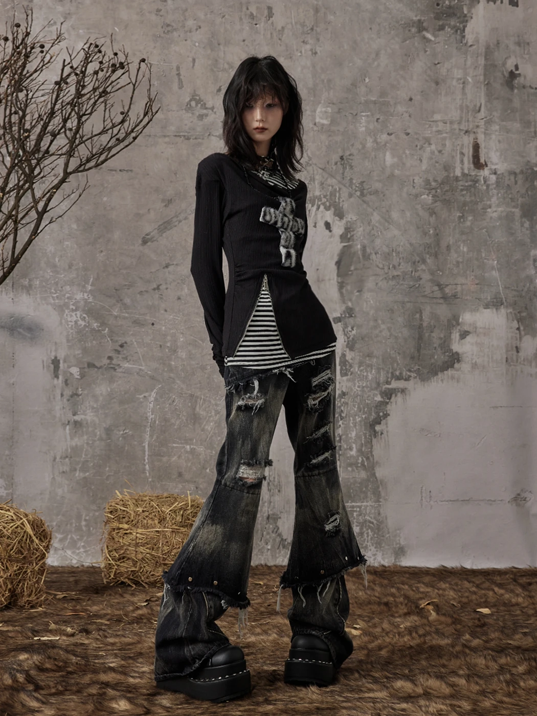 Karrcat Grunge Aesthetics Fake Two-piece Tops Trashy Y2k Long Sleeve Knitted Tops Wasteland Punk Patchwork Tops Gothic Vintage