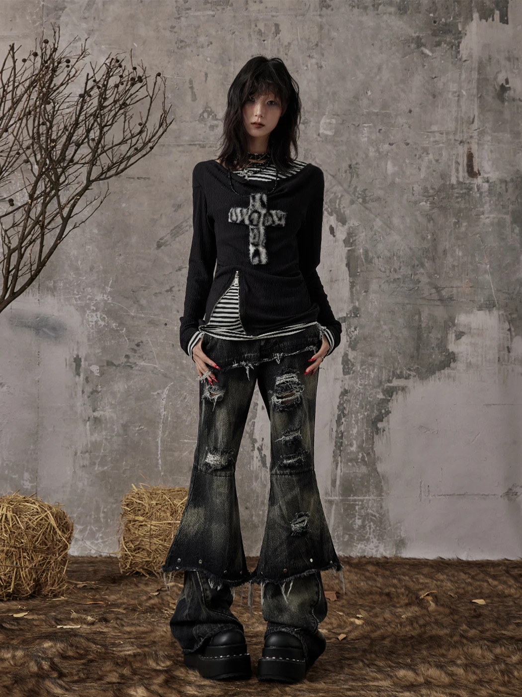 Karrcat Grunge Aesthetics Fake Two-piece Tops Trashy Y2k Long Sleeve Knitted Tops Wasteland Punk Patchwork Tops Gothic Vintage