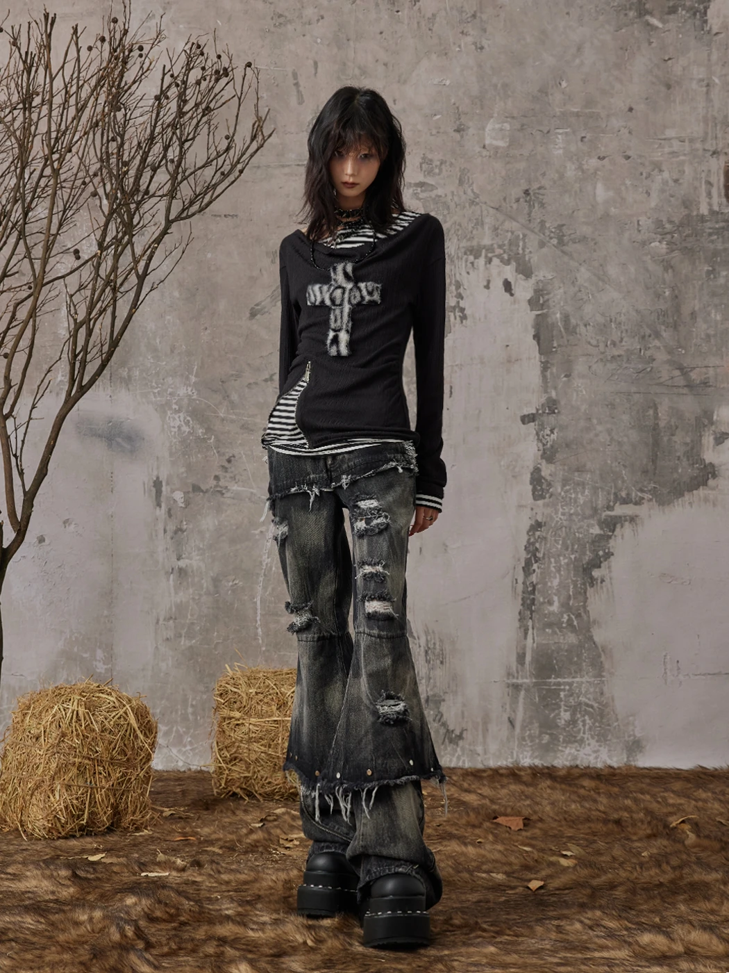 Karrcat Grunge Aesthetics Fake Two-piece Tops Trashy Y2k Long Sleeve Knitted Tops Wasteland Punk Patchwork Tops Gothic Vintage