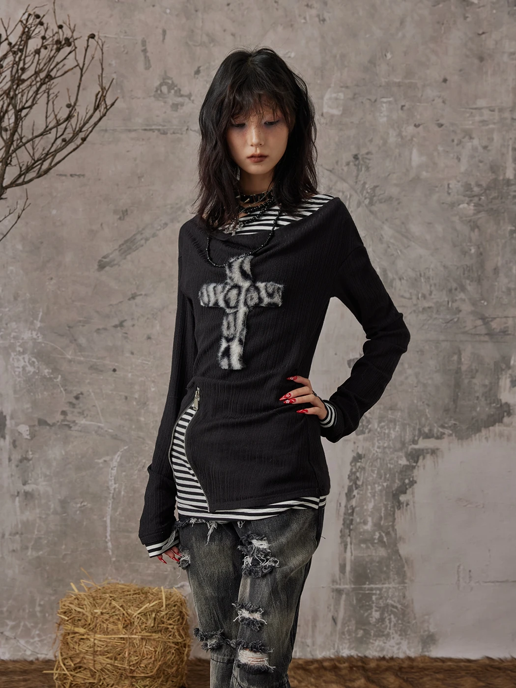 Karrcat Grunge Aesthetics Fake Two-piece Tops Trashy Y2k Long Sleeve Knitted Tops Wasteland Punk Patchwork Tops Gothic Vintage