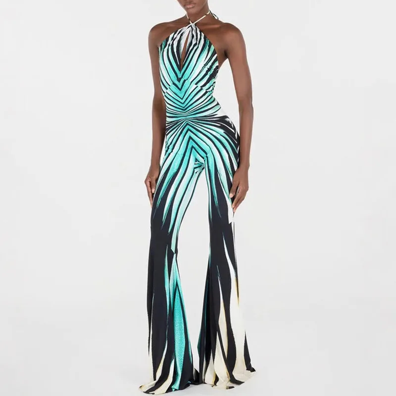 Sexy Halter Lace-Up Sleeveless Flared Jumpsuit Elegant Pattern Print Slim Party Romper Fashion Backless Hollow Out Long Playsuit