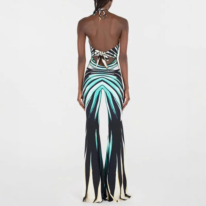 Sexy Halter Lace-Up Sleeveless Flared Jumpsuit Elegant Pattern Print Slim Party Romper Fashion Backless Hollow Out Long Playsuit